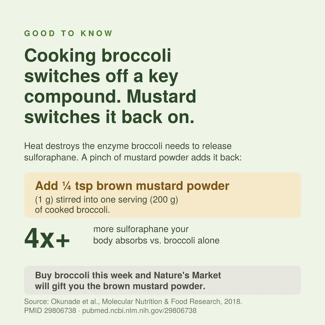 A bowl of cooked broccoli florets with brown mustard powder being stirred in.